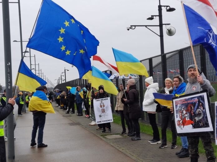 Outside the NATO headquarters in Brussels, Belgium, Ukrainian nationalists are building a human chain. Their primary demand is for more weaponry and air defence systems to be given to Ukraine in order to stop the Russian assault that nation has been dealing with since February 2022