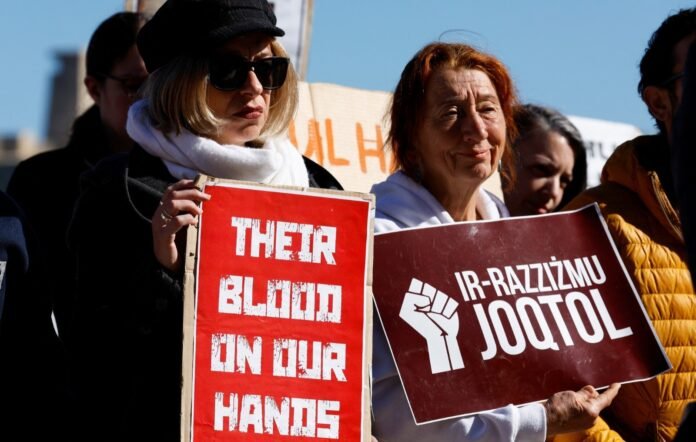 A tribute was held in Malta's capital Valetta on Sunday, February 5, to commemorate the thousands of people who have perished trying to cross the Mediterranean Sea, symbolized by shoes of all sizes laid out on the ground A tribute was held in Malta's capital Valetta on Sunday, February 5, to commemorate the thousands of people who have perished trying to cross the Mediterranean Sea, symbolized by shoes of all sizes laid out on the ground