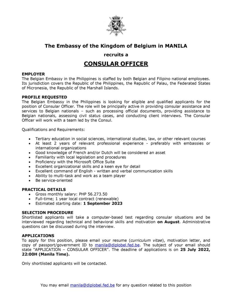 Belgium Embassy in Philippines seeks applicants for Consular Officers to assist Belgian Nationals