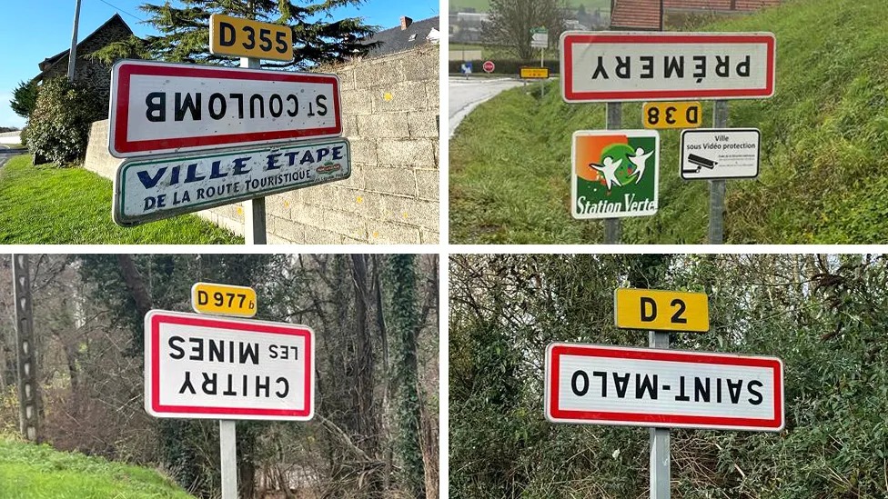 French farmers have turned thousands of road signs upside down across the country, signalling their frustration with what they perceive as a mounting crisis in their way of life