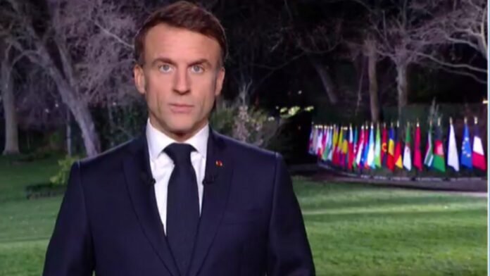Against the backdrop of Olympic flags representing nations from around the world, Macron stressed the critical choices that lie ahead for voters in the upcoming European elections in June Against the backdrop of Olympic flags representing nations from around the world, Macron stressed the critical choices that lie ahead for voters in the upcoming European elections in June