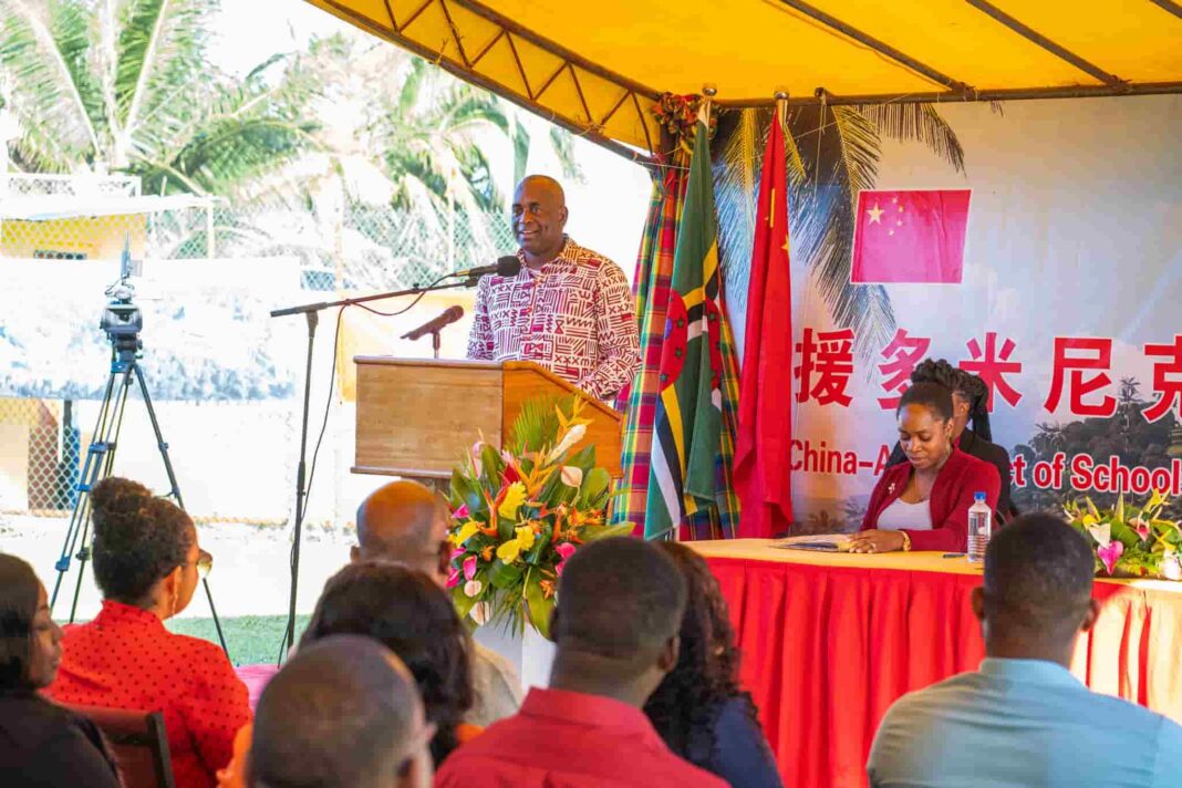 PM Skerrit addressed people during Thibaud Primary School construction ceremony. (Credits: Roosevelt Skerrit, Facebook)