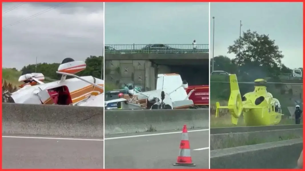 The aircraft reportedly struck an electric power cable before crashing, creating a dramatic and tragic scene on one of France's busiest motorways