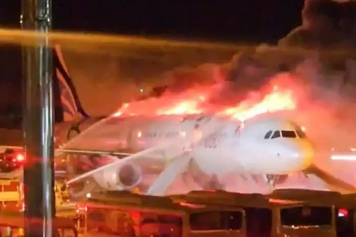 A fire broke out on an Air Busan passenger plane at Gimhae International Airport in Busan on 28 January 2025. Credit: Yonhap/AFP/Belga
