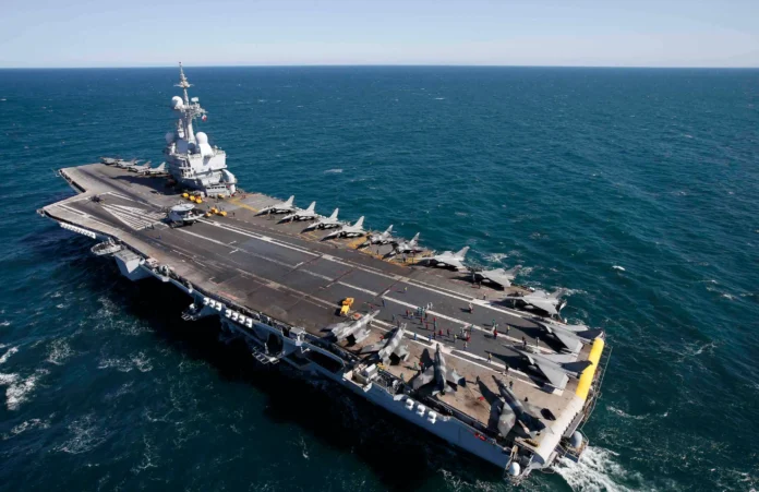 The French carrier strike group, which includes frigates, supply ships, and an air fleet, reflects the robust capabilities of the French Navy The French carrier strike group, which includes frigates, supply ships, and an air fleet, reflects the robust capabilities of the French Navy