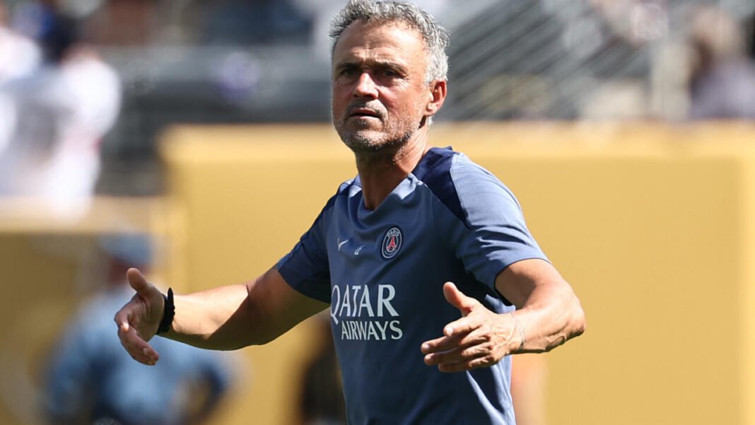Luis Enrique looks on during PSG’s Club World Cup final defeat to Chelsea. Image: Getty Images