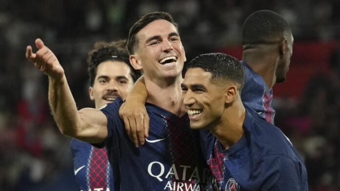 Fabian Ruiz celebrates after scoring PSG’s decisive goal in a narrow 1-0 Ligue 1 home win against Angers
