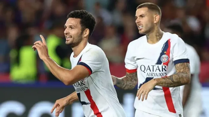 Goncalo Ramos celebrates scoring PSG’s late winner against Barcelona, sealing an unforgettable Champions League victory at the Estadi Olimpic Lluis Companys